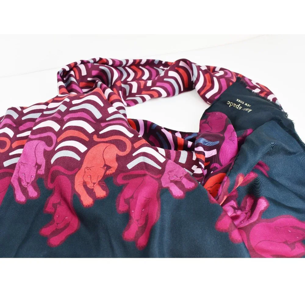 Large long colorful Kate Spade silk scarf, fuchsia panther classy silk scarf